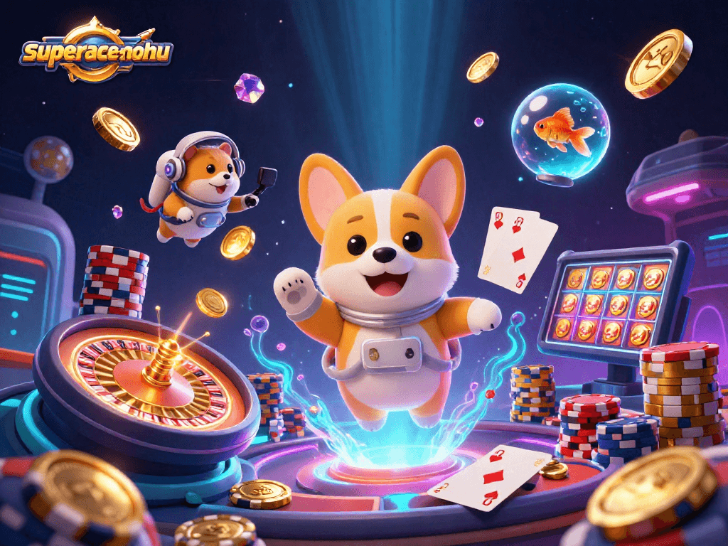 Experience superace-nohu with a vibrant 3D casino scene featuring playful characters and dazzling elements.