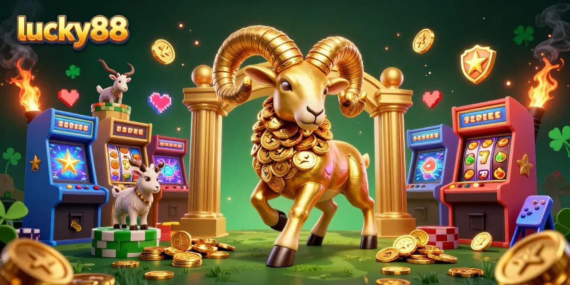 Experience thrilling gameplay with lucky88, featuring a golden ram and vibrant slot symbols.