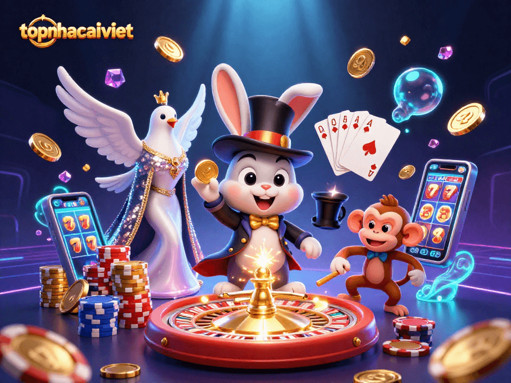 Experience topnhacaiviet with a dynamic scene featuring a magician rabbit and casino elements.