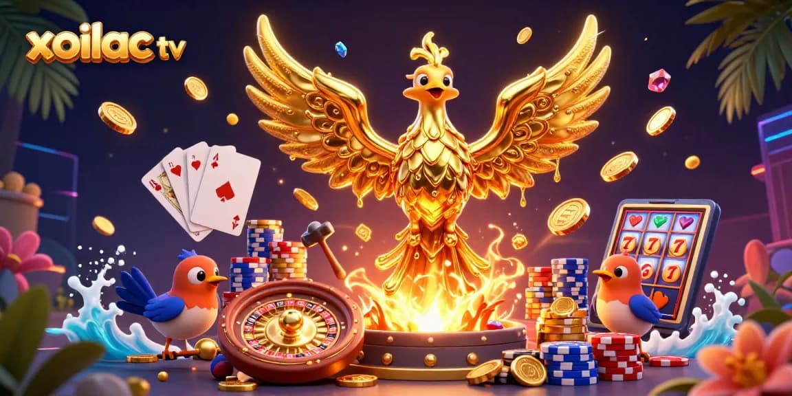 Xoilac TV delivers an exciting online gambling experience with a golden phoenix and casino elements.