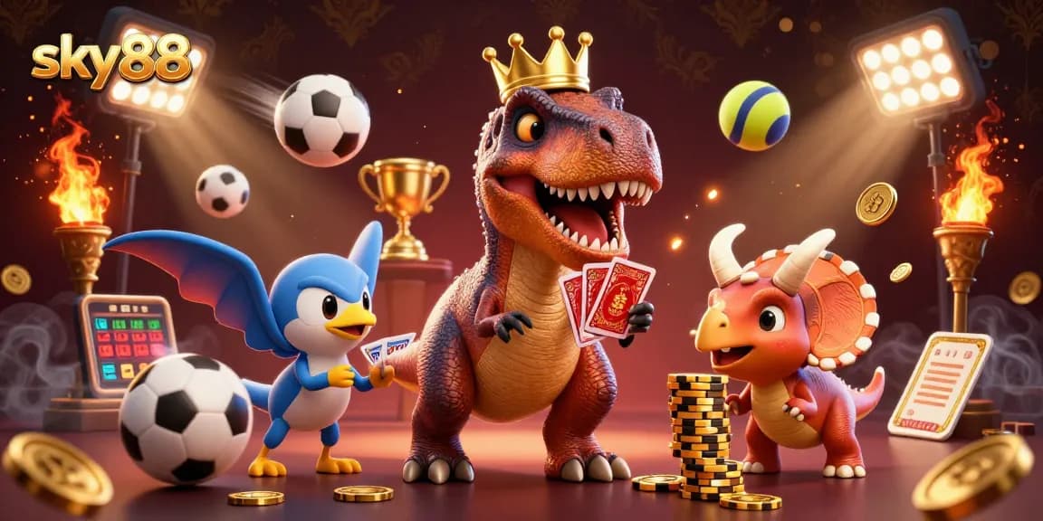 Engage with sky88's thrilling gambling experience as the T-Rex shuffles cards while a pterodactyl assists in a vibrant casino scene.