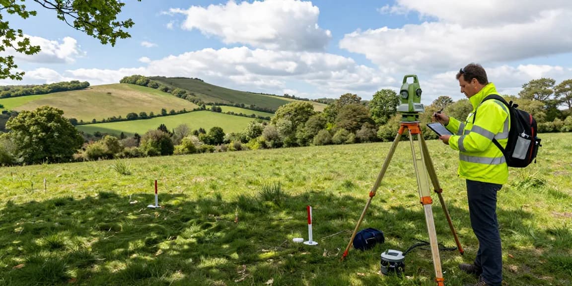 Professional topographical surveys Berkshire outdoors, surveyor using total station, high-visibility jacket, and GPS equipment.