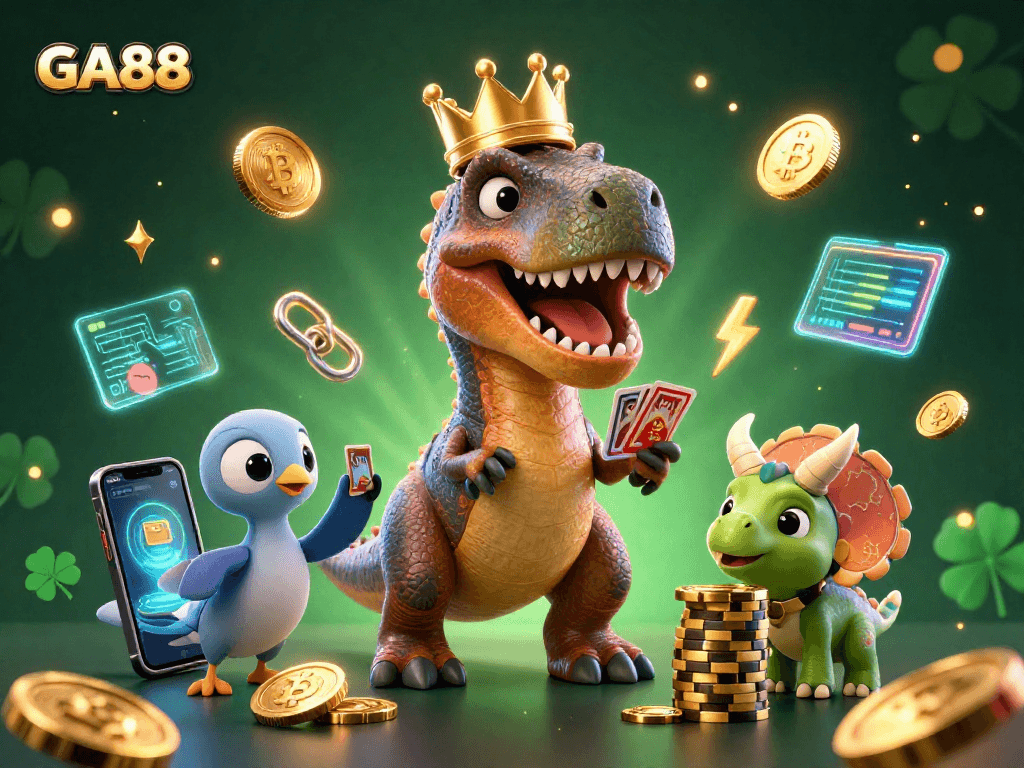 GA88 brings excitement as cartoon dinosaurs enjoy casino games amidst neon crypto coins.
