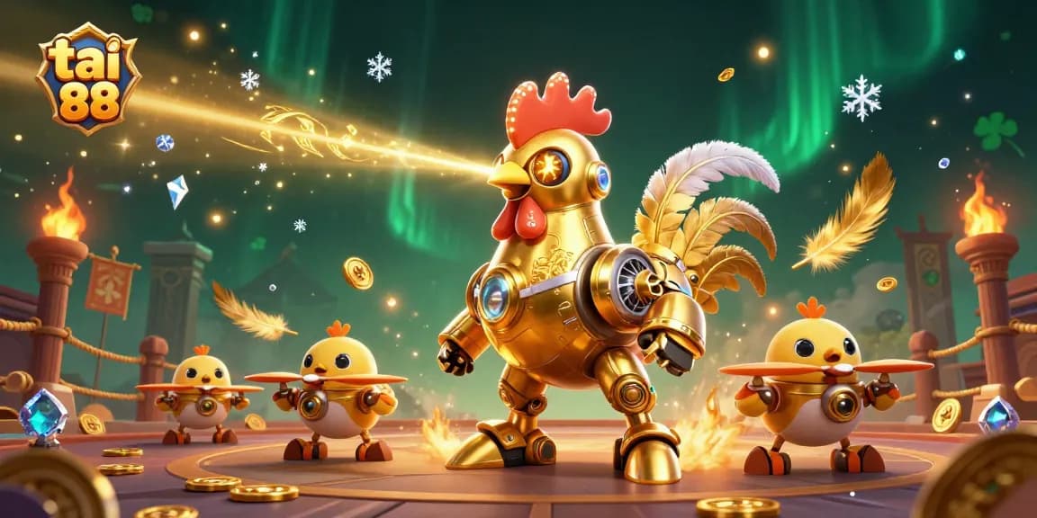 Engage in exhilarating gameplay at tai go 88 with a dazzling 3D illustration of a golden robotic rooster and its chick drones.