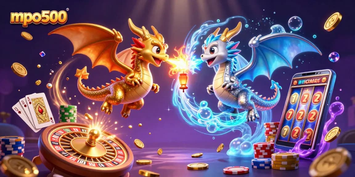 Experience the excitement of mpo500 with dynamic gaming elements, including dragons and casino treasures.
