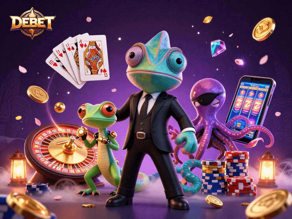 DEBET's exciting gaming scene featuring vibrant casino characters and dynamic gameplay elements.