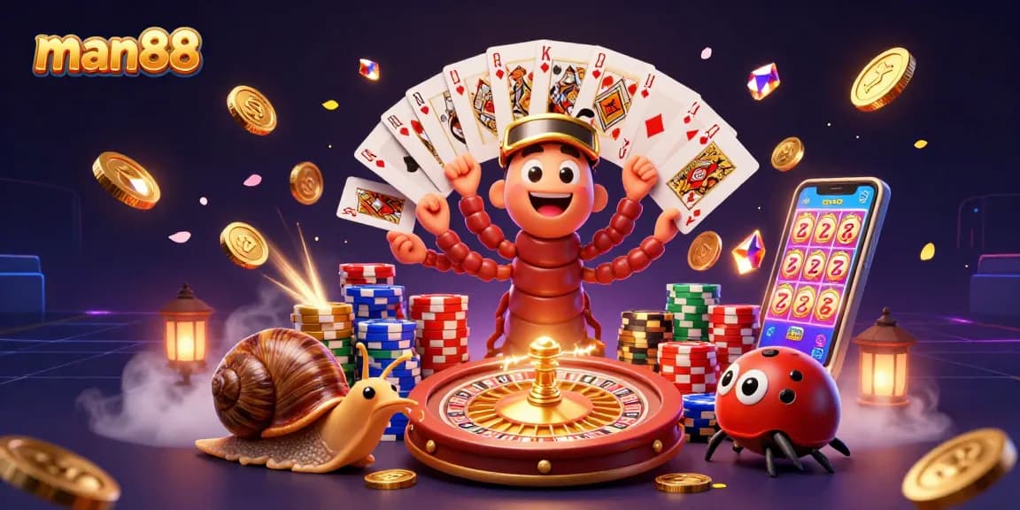 Experience the excitement of man88 with a lively casino scene featuring a whimsical millipede dealer and vibrant game elements.