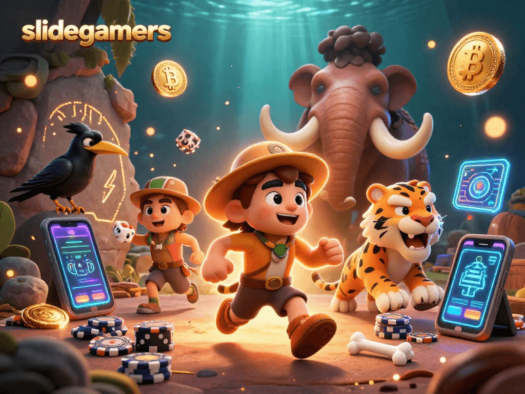slidegamers engages players in a vibrant prehistoric casino scene with unique characters and dynamic crypto elements.