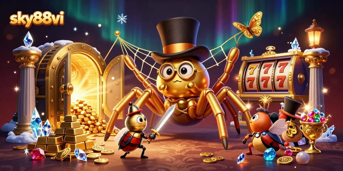 Join the action at sky88vi with a golden tarantula weaving luck and treasures in a vibrant casino