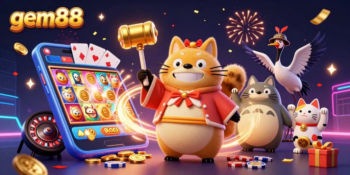Engage with gem88's vibrant slots scene featuring lucky tanuki and fortune symbols.