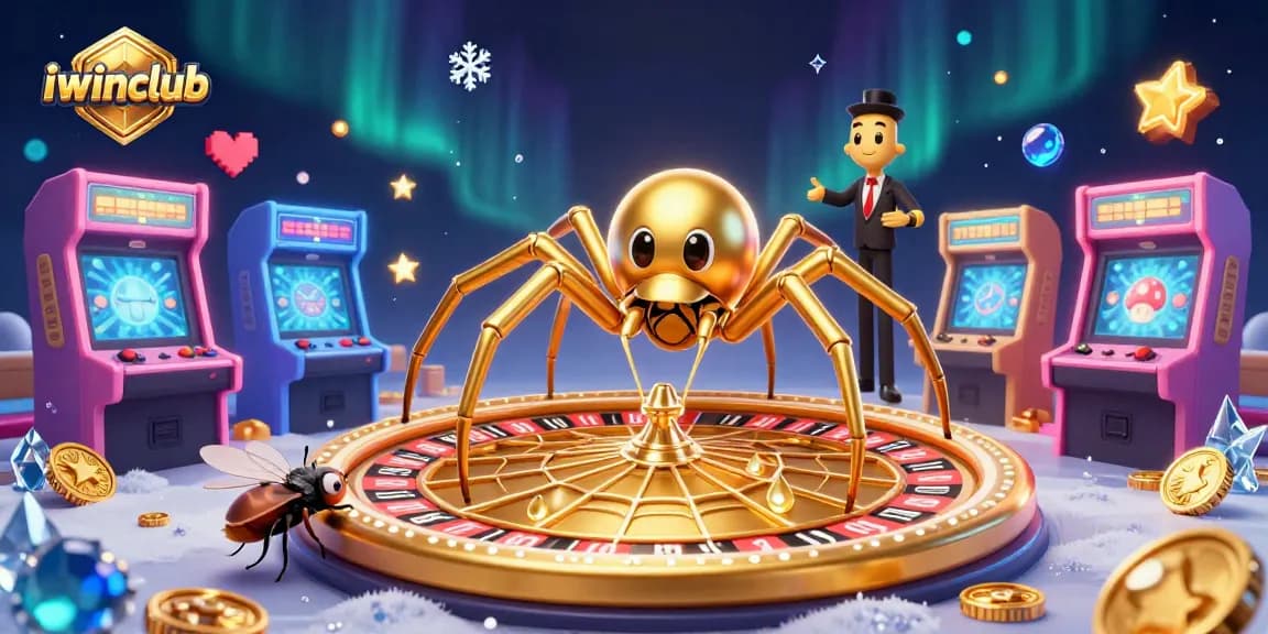 Iwinclub captivates players with a vibrant 3D casino scene showcasing a golden web roulette wheel.