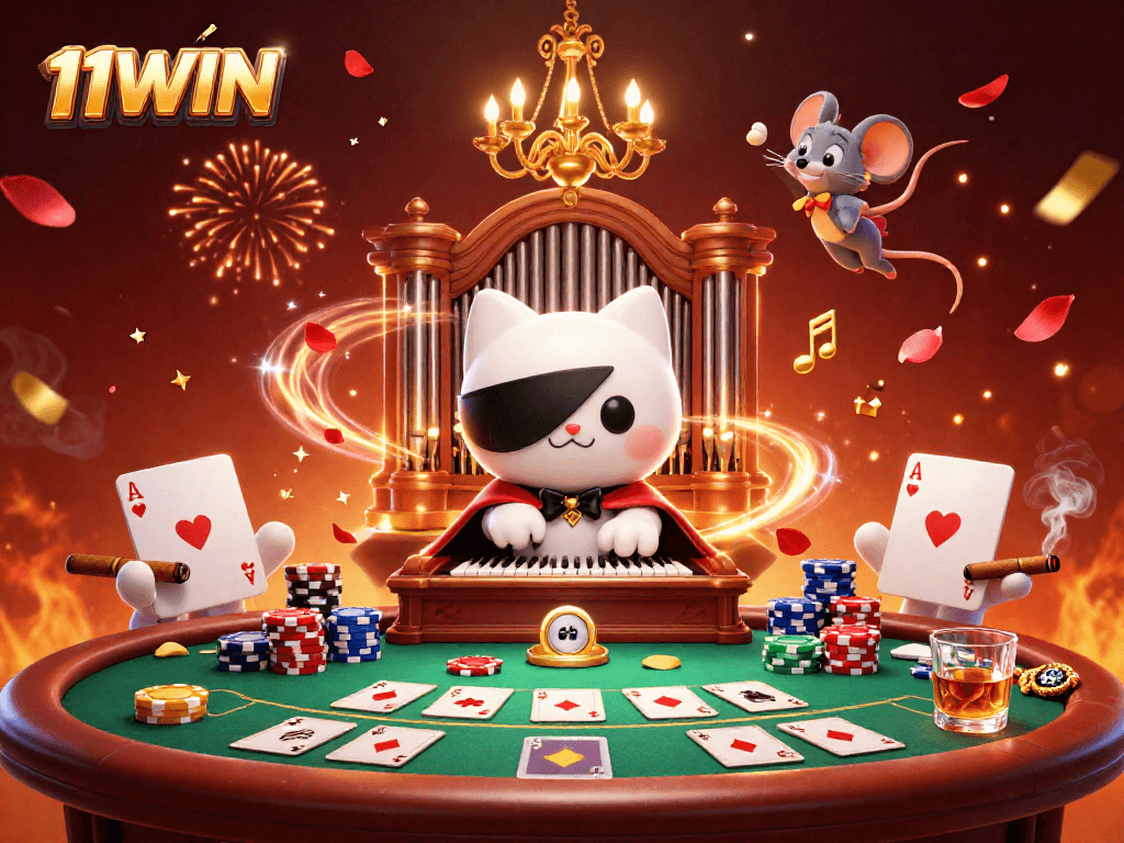Engage with 11WIN's vibrant casino scene featuring dynamic characters and immersive gambling elements.
