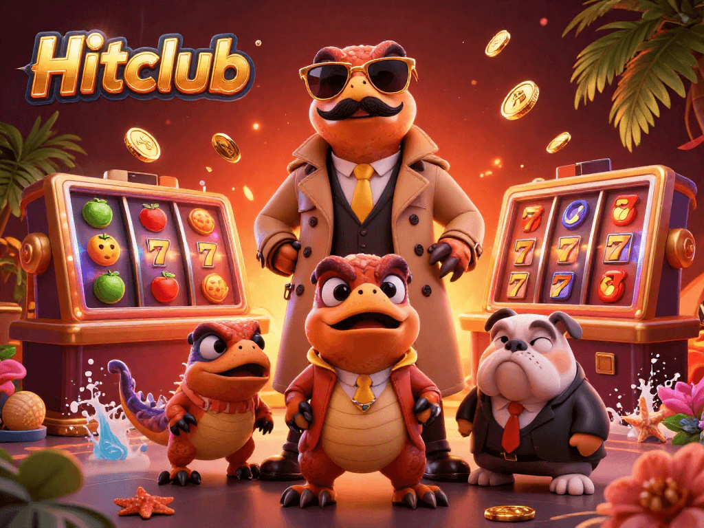 Hitclub showcases three raptors disguised attempting to enter a casino, surrounded by vibrant slot reels and golden coins.