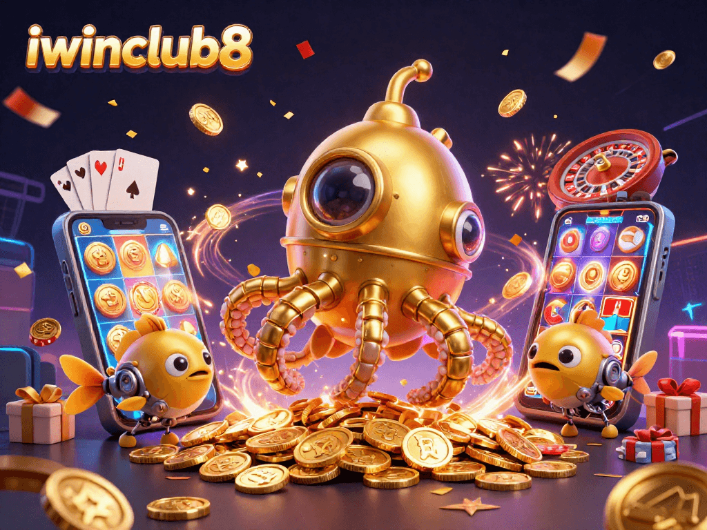 Win big with iwinclub8 as cartoon kraken submarine explores golden coins and dynamic slot games!