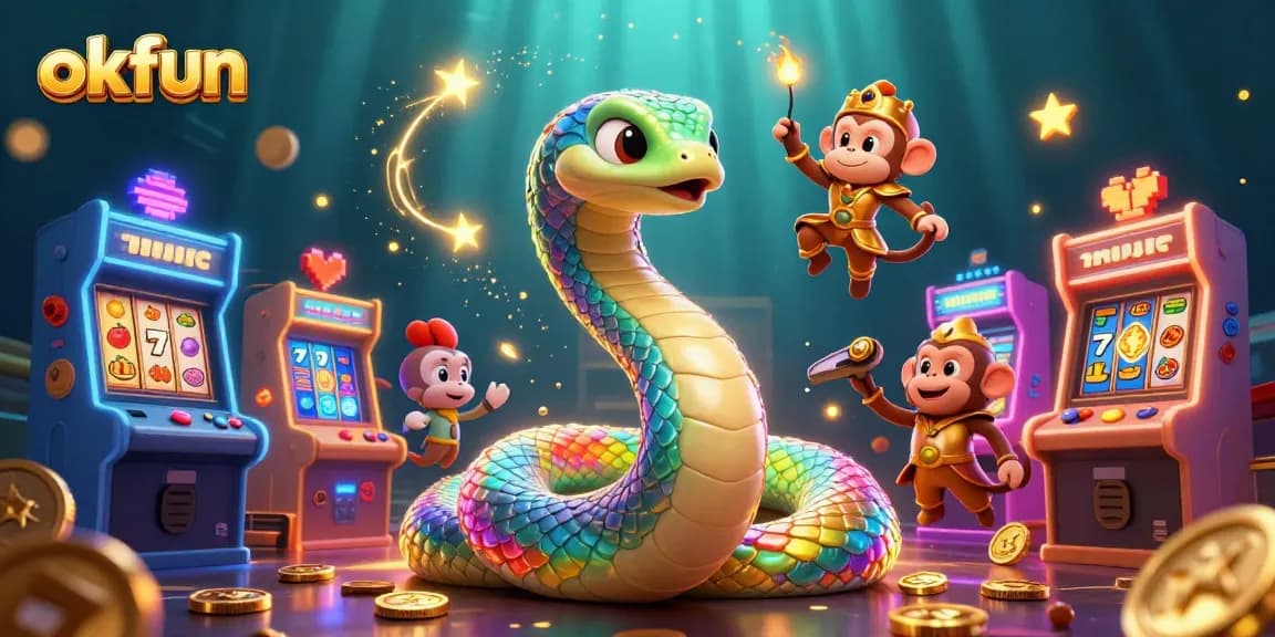 Join the exciting okfun slots adventure with a vibrant serpent, playful monkey, and glowing arcade elements.