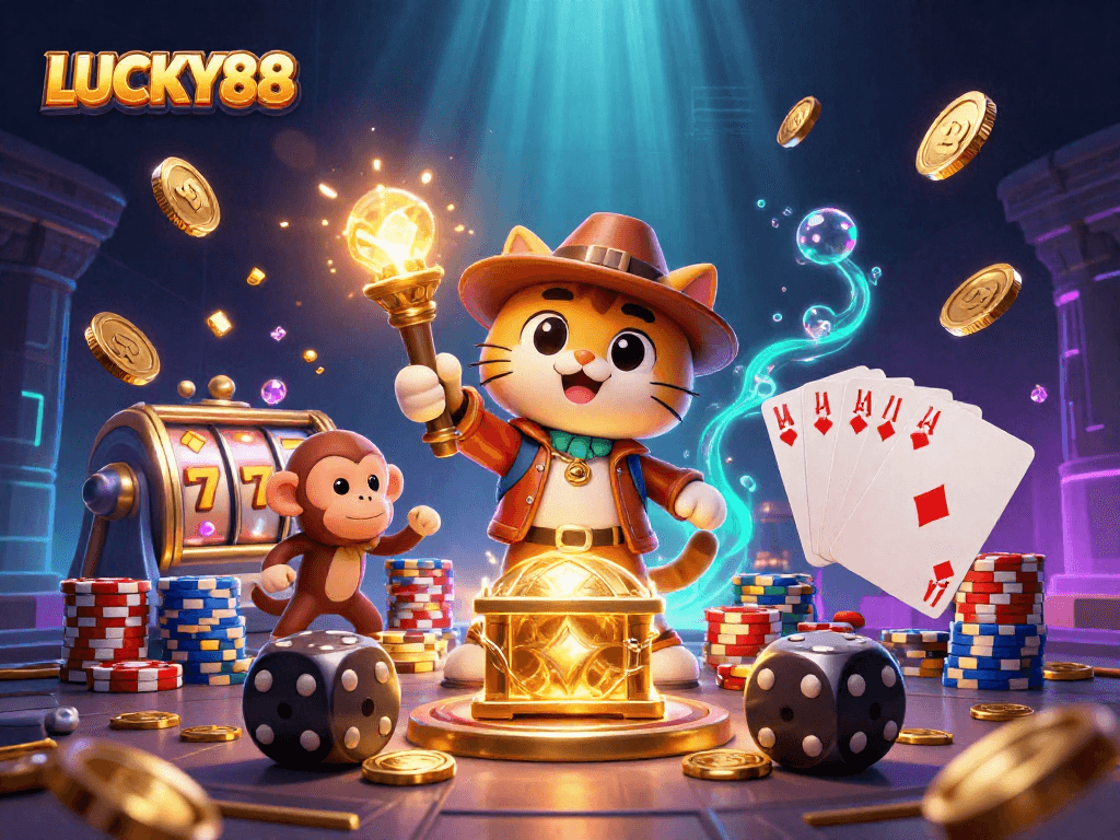 LUCKY88 reveals exciting treasures in a colorful, vibrant casino adventure scene.