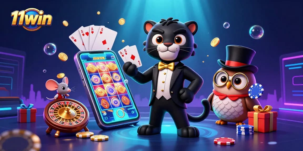 Experience the excitement of 11win with a vibrant casino scene featuring a panther dealer and gaming elements.
