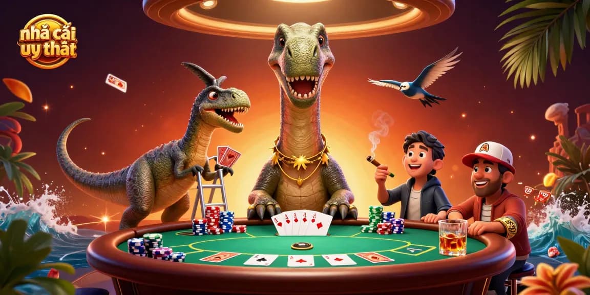 Engage with nhà cái uy tín in a lively casino scene featuring a towering brontosaurus and poker action.