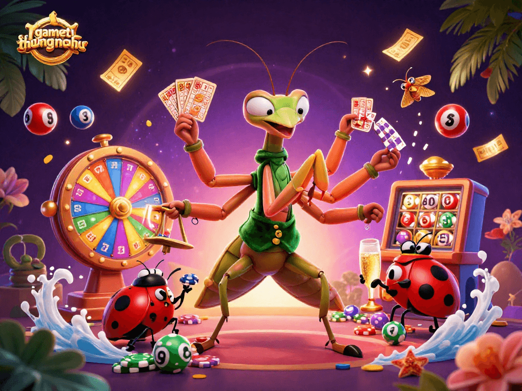 gamethuongnohu showcases a lively casino atmosphere with a giant mantis dealer, ladybug pit boss, and vibrant game elements.