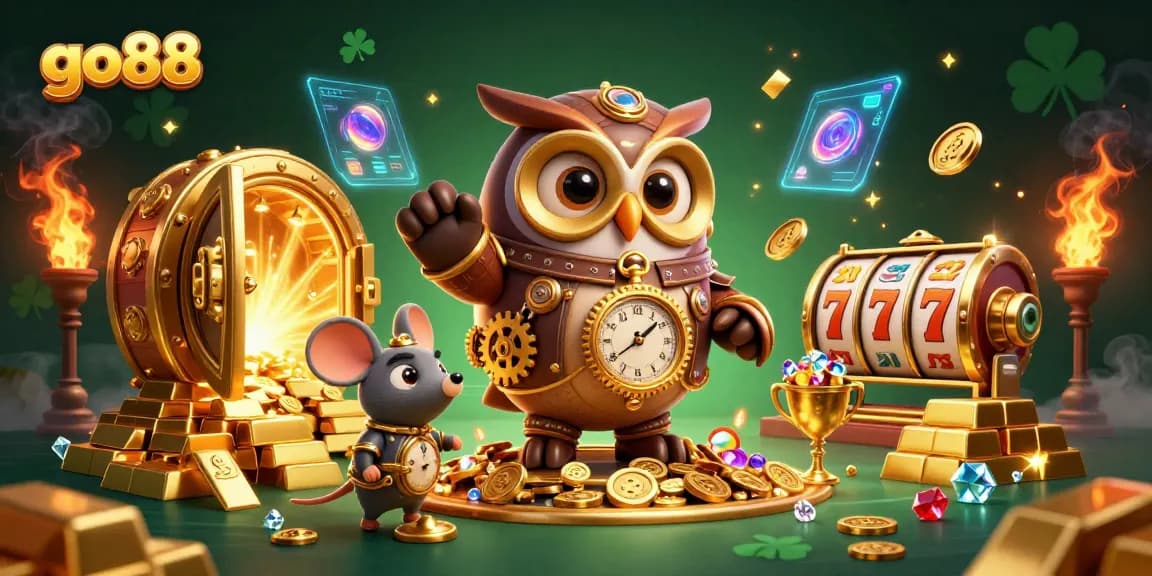 Engage with go88's enchanting casino experience featuring a steampunk owl and treasures in a vibrant 3D scene.