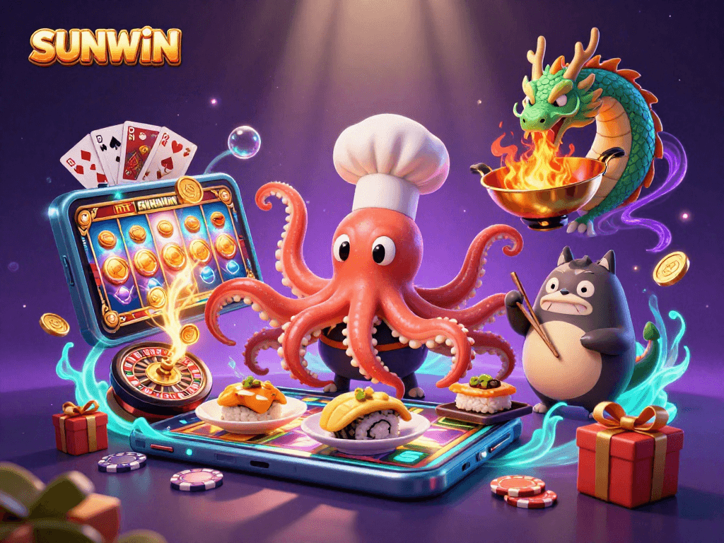SUNWIN gaming scene featuring a sushi chef octopus, dragon, and tanuki amid vibrant casino elements.