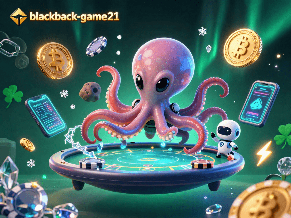 Engage in winning strategies at blackjack-game21 with lively characters at a holographic poker table.