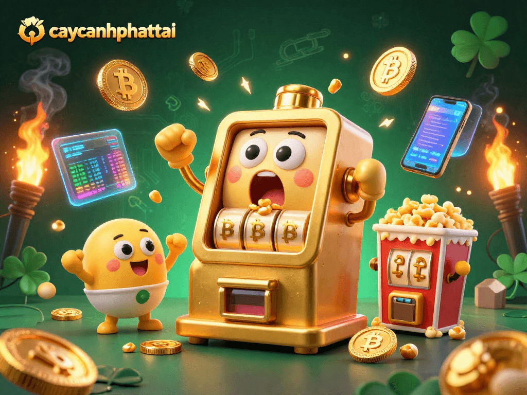 Win big with caycanhphattai as the 3D golden slot machine hits a jackpot amidst glowing crypto elements.