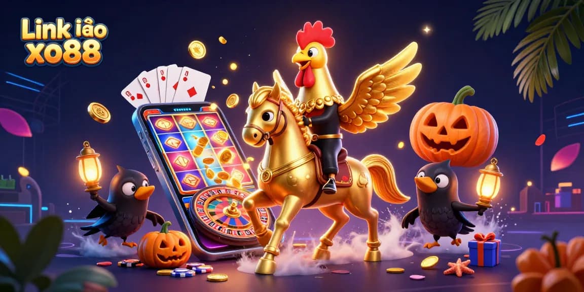 Play exciting slot games with a golden rooster character in the Link vào xo88 casino illustration.