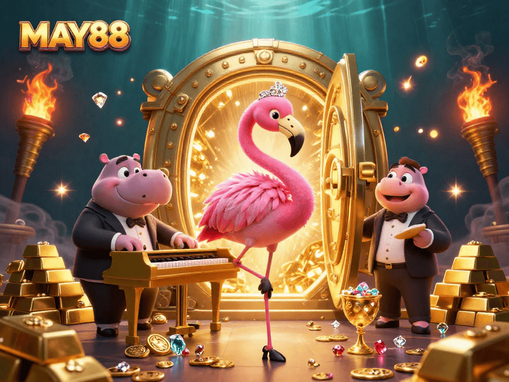 MAY88 casino scene with vibrant flamingo singer and hippo bassist surrounded by gold and gems
