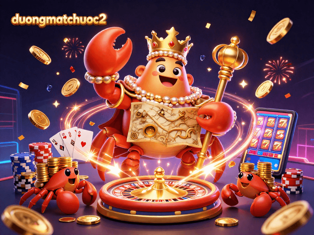 Engage in duongmatchuoc2's thrilling gameplay with a vibrant casino scene featuring an emperor crab and treasure elements.