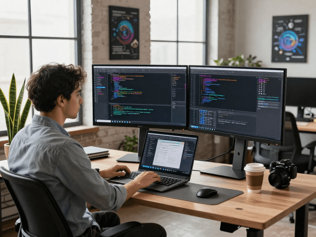 Dynamic software development workspace featuring https://net88.se.net with dual monitors displaying code, a laptop design interface, and a modern office setting.