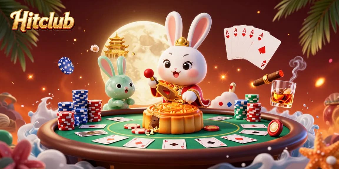 Hitclub features an enchanting scene of a moon rabbit surrounded by poker elements, embodying a thrilling casino atmosphere.
