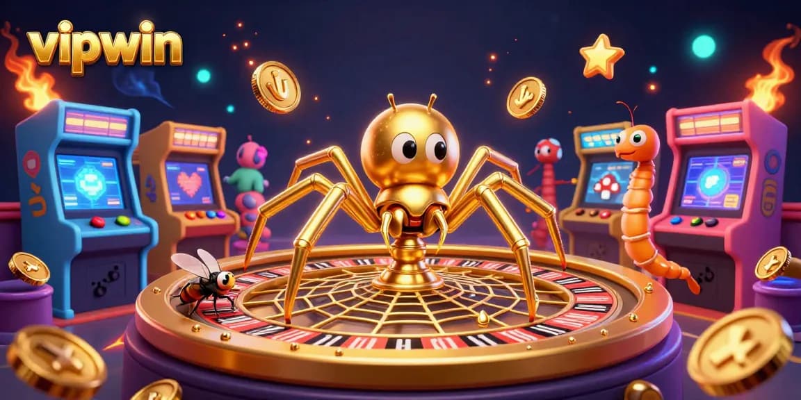 Bet on vipwin with excitement as a fly nervously wagers by a roulette-shaped spider web in a vivid casino