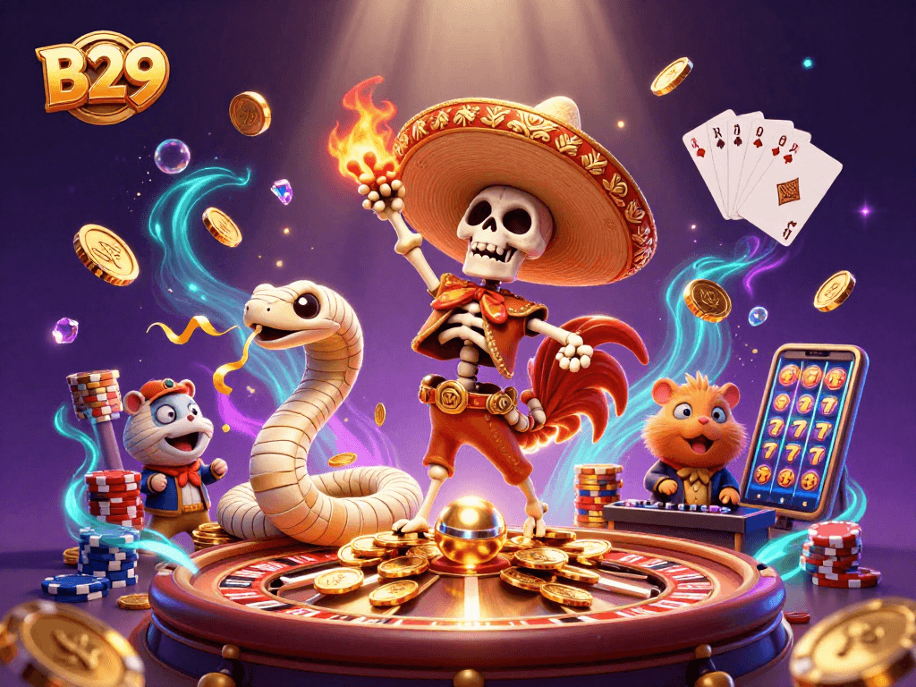 Experience the excitement at B29 with a dynamic celebration of casino wins featuring vibrant characters and golden rewards.