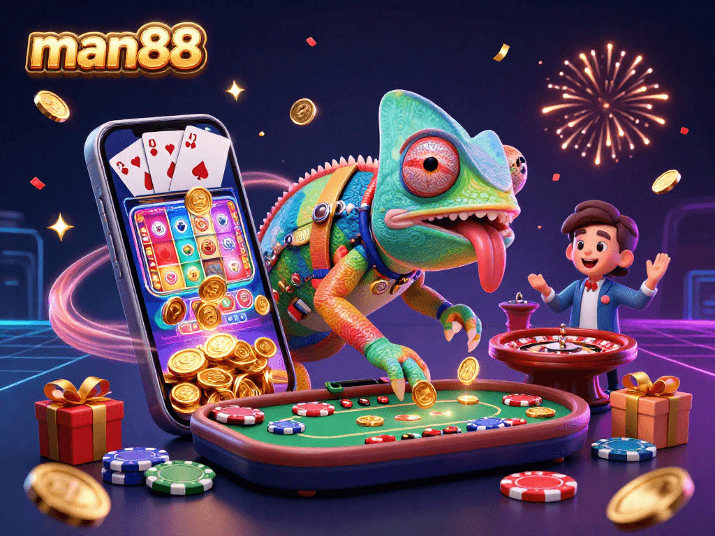 Get ready to play at man88 with our vibrant chameleon casino owner amidst colorful games.
