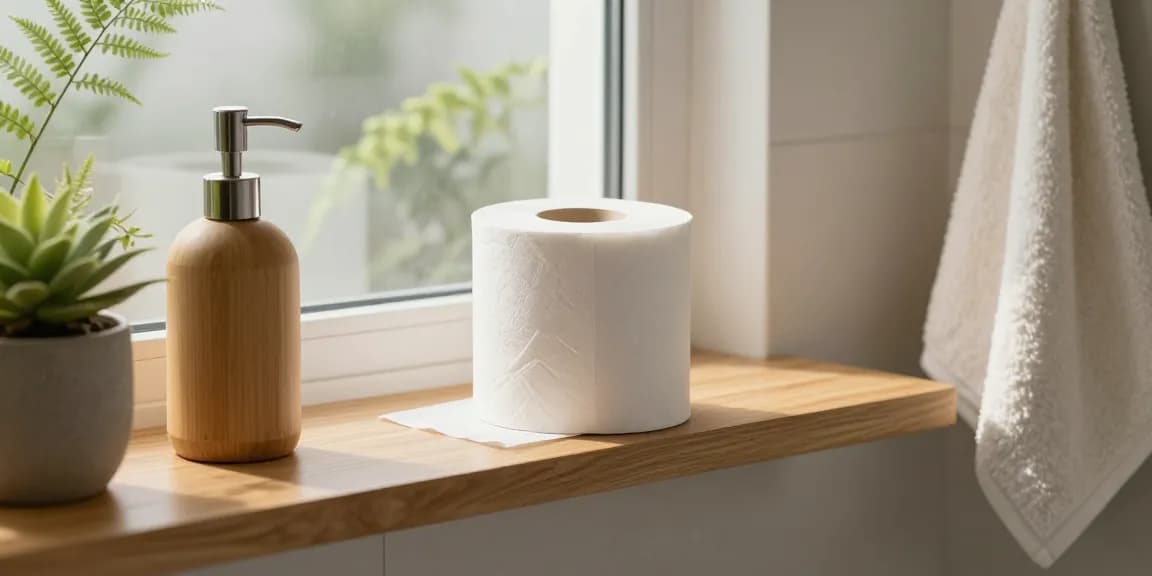 Premium Bamboo Loo Roll in a stylish bathroom setting with natural light and greenery.