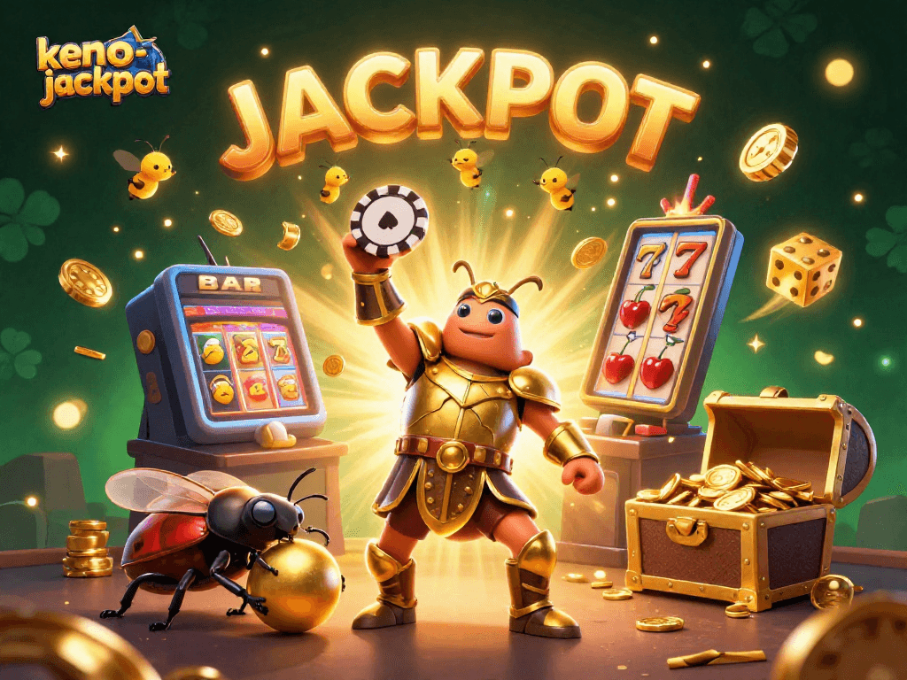 Experience the thrill of keno-jackpot with vibrant characters celebrating a casino win.