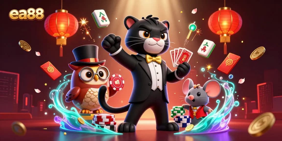 Experience thrilling gambling action with ea88 as the black panther elegantly deals cards surrounded by poker chips and exciting game elements.