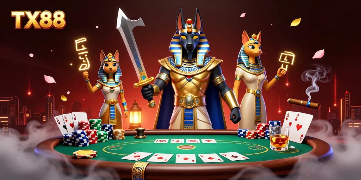 Experience exhilarating gameplay with TX88 at a vibrant poker table adorned with colorful chips and cards.