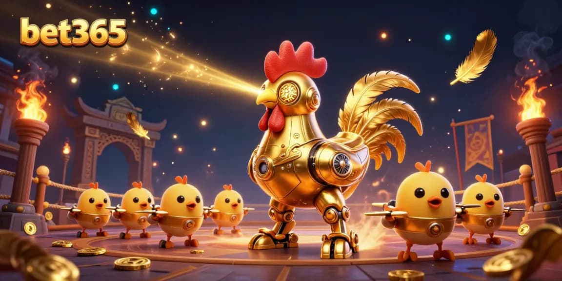 Experience bet365's thrilling gaming atmosphere with a golden rooster robot and baby chick drones amidst vibrant casino visuals.