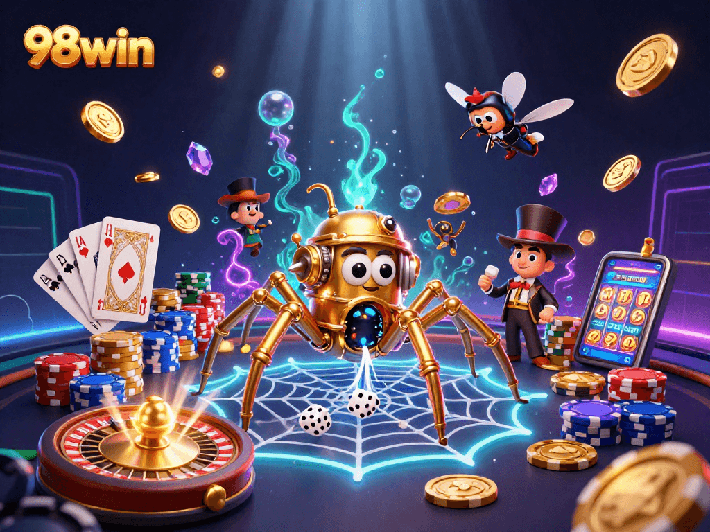 Engage with 98win's thrilling gaming scene featuring a steampunk spider, dazzling coins, and vibrant roulette.