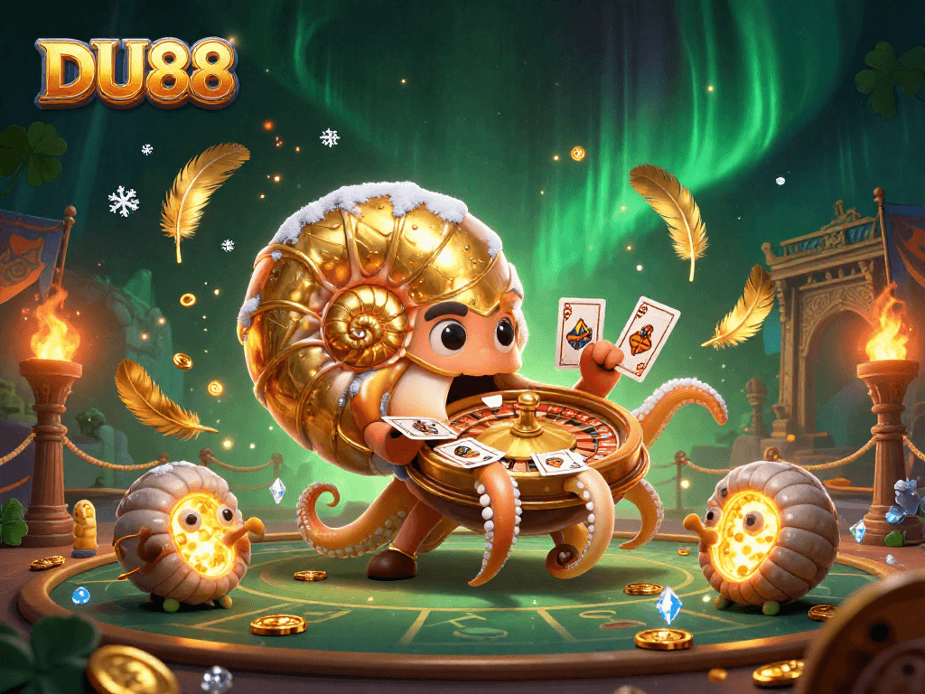 Experience the thrilling world of DU88 through this vibrant 3D casino scene featuring a golden roulette shell and glowing ammonite companions.