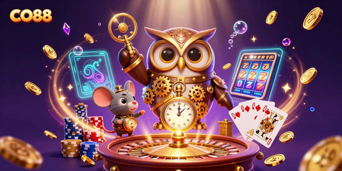 Experience exciting CO88 gameplay with a whimsical time-traveling owl in a vibrant casino scene.