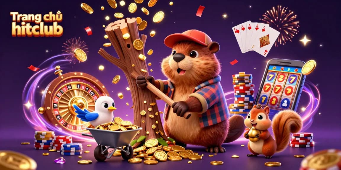 Engage with the casino excitement on Trang chủ hitclub, featuring a vibrant scene of playful characters amidst cascading coins and gaming elements.