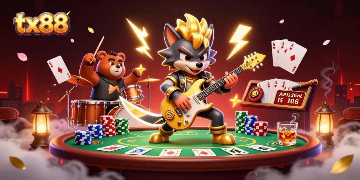 Experience thrilling action with tx88, featuring a dynamic rock star wolf in a vibrant casino scene.