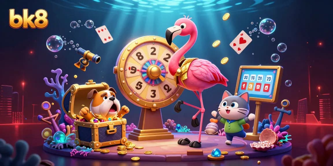 Experience the excitement of bk8 with a vibrant game show scene featuring a flamingo host, bulldog contestant, and treasure-filled underwater decoration.