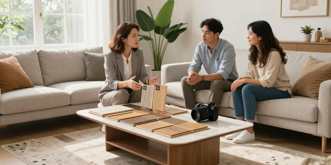 Learn how to choose the right flooring by exploring options with an interior designer in a stylish home setting.