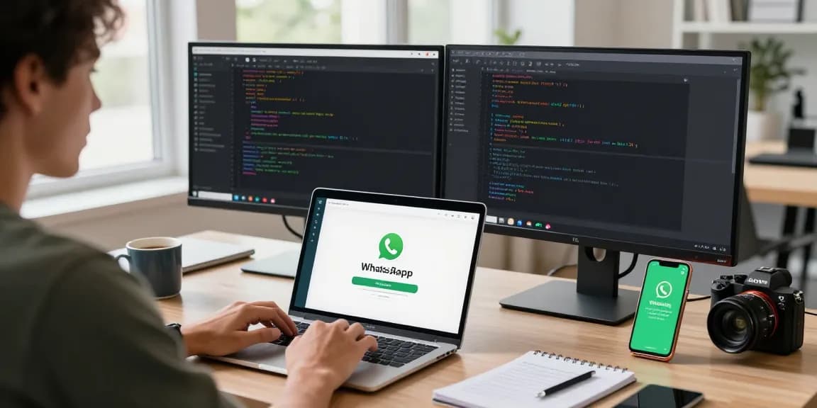 Downloading WhatsApp下載 on a laptop in a vibrant tech workspace.