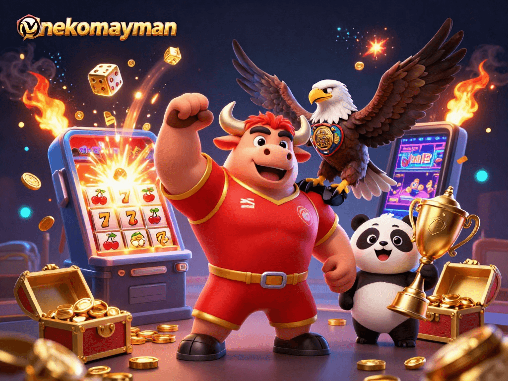 NekoMayMan showcases exciting slot gameplay with vibrant characters and burst of winning symbols.