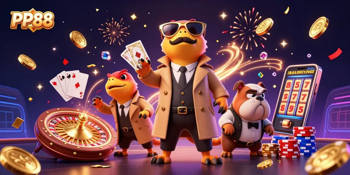 Experience PP88 excitement with raptors in a trench coat entering a VIP casino lounge.